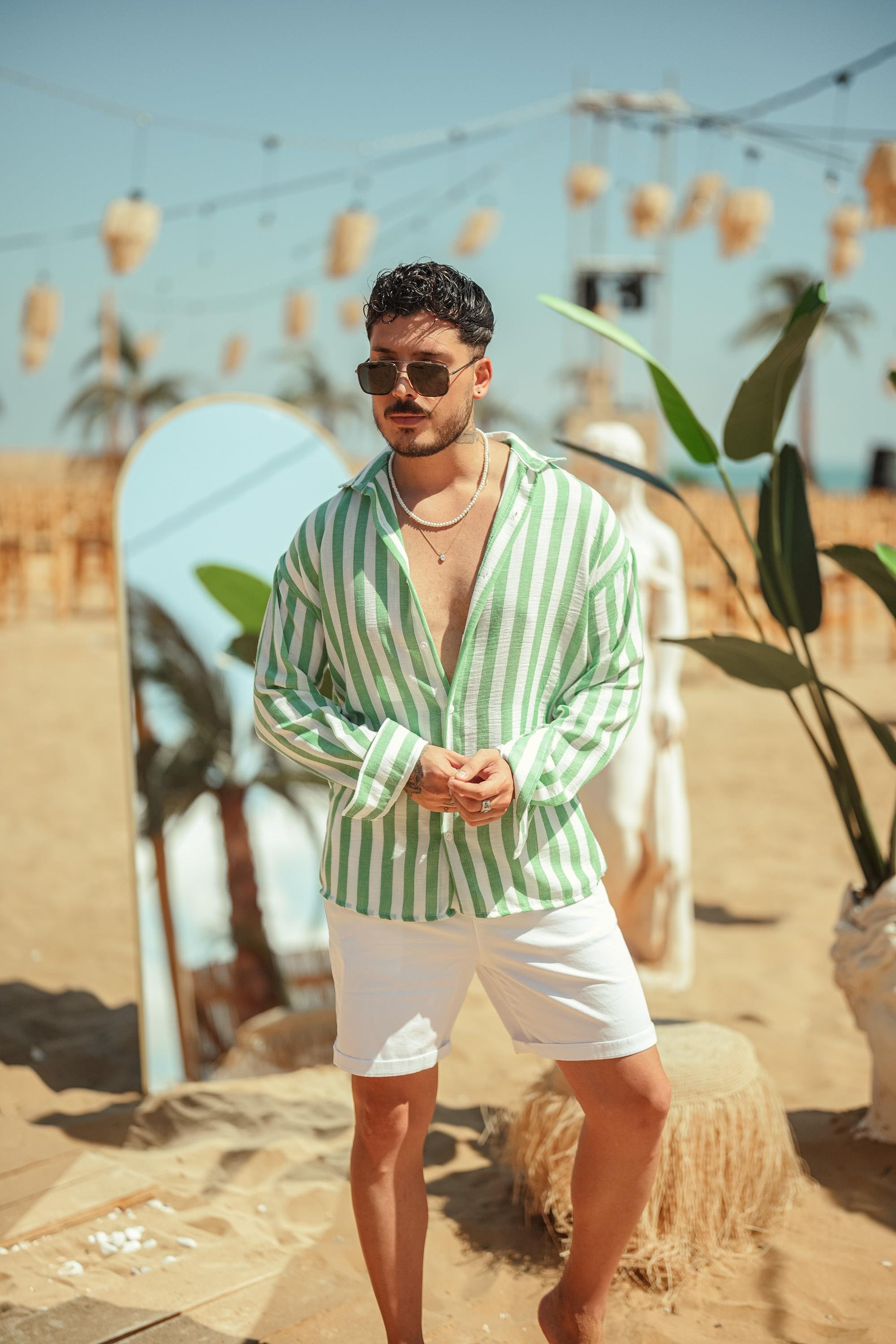 Çizgisi Kalın Detaylı Oversize Gömlek Yeşil