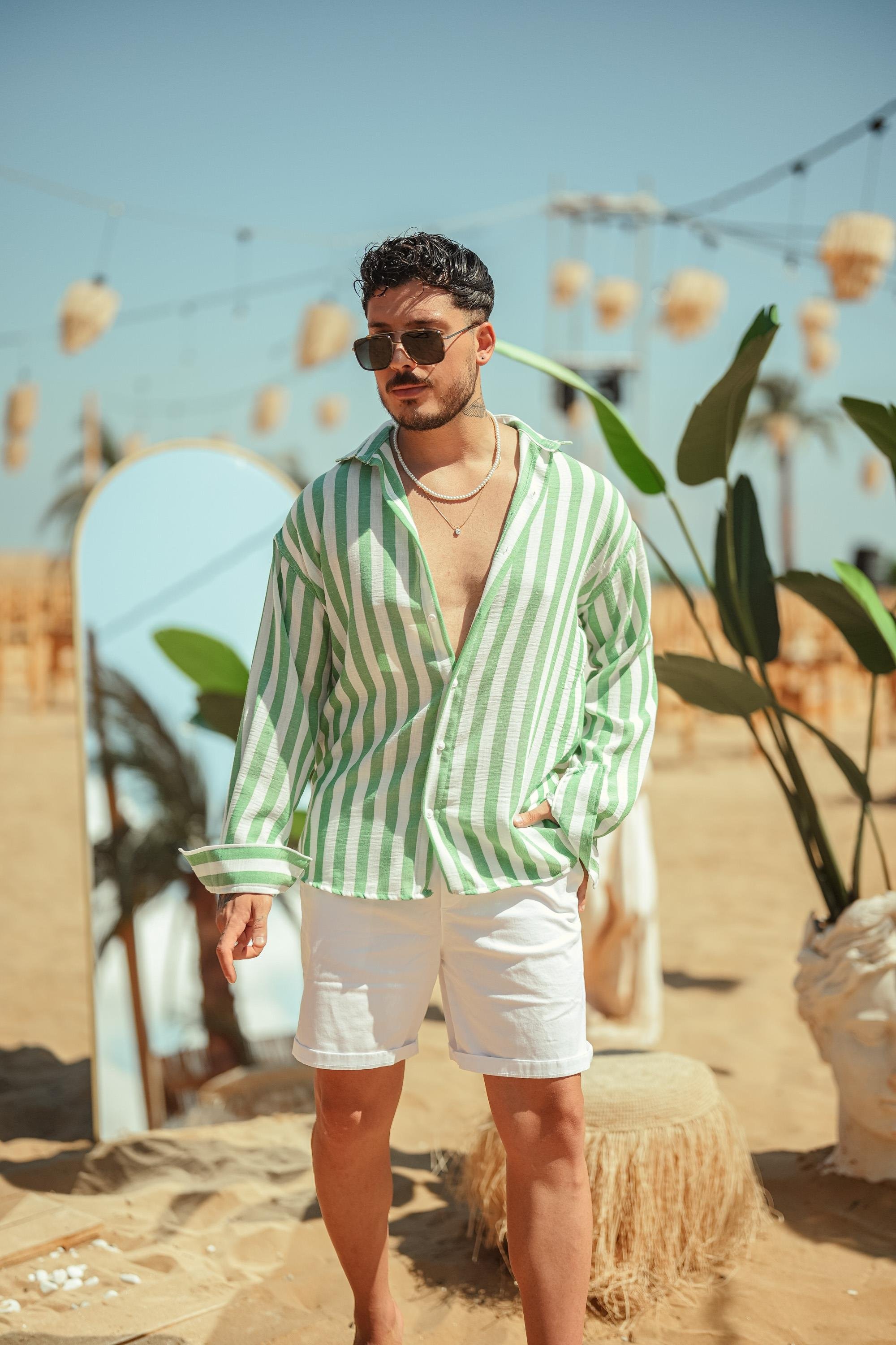 Çizgisi Kalın Detaylı Oversize Gömlek Yeşil