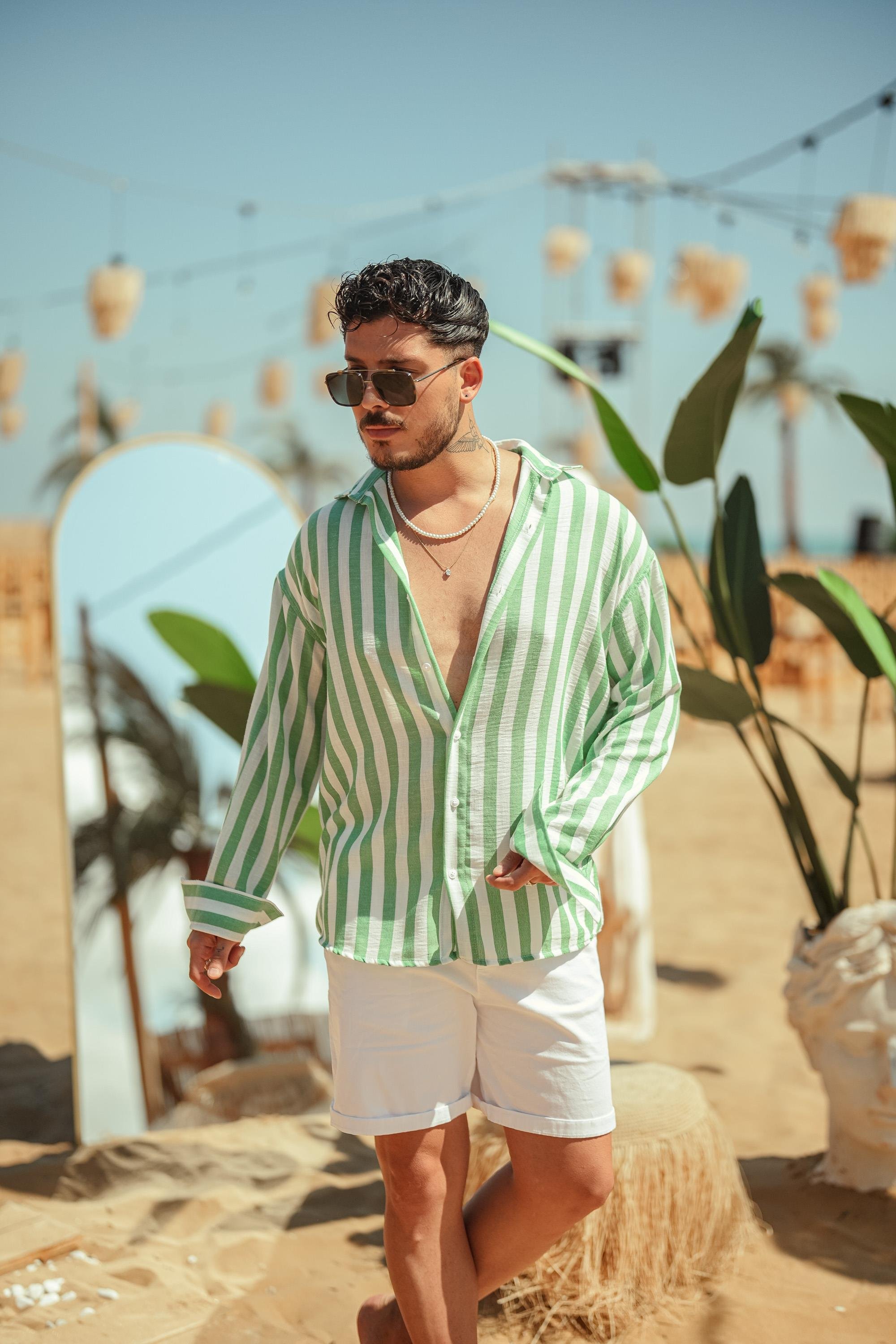 Çizgisi Kalın Detaylı Oversize Gömlek Yeşil