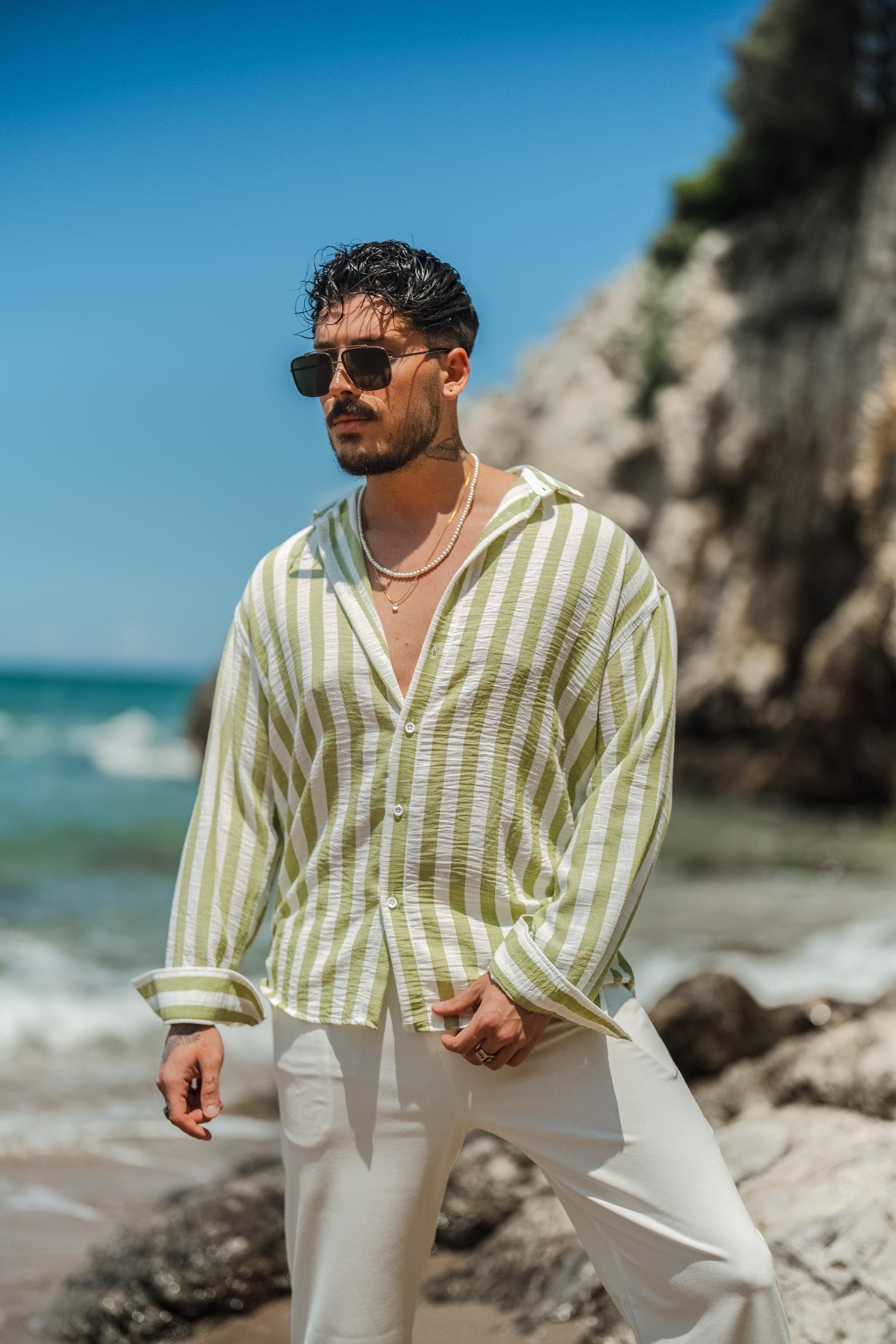 Çizgisi  Kalın Detaylı Oversize Gömlek Fıstık Yeşiili