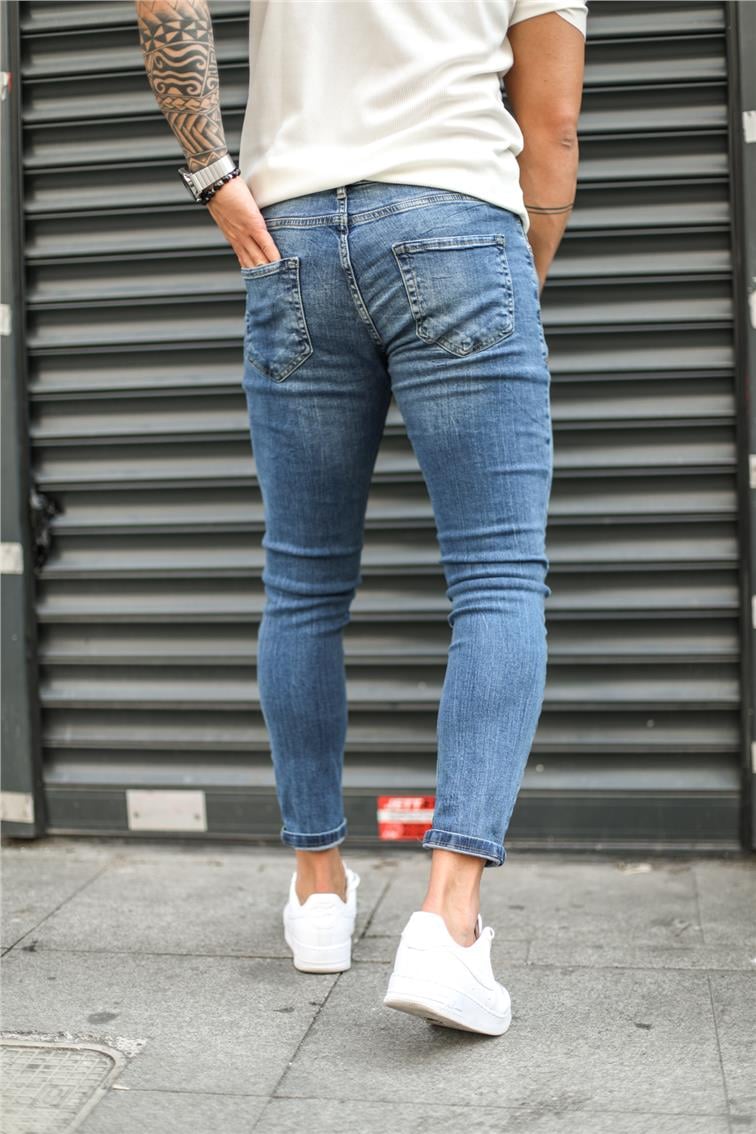 Çizik Taşlamalı Skinny Jean Yıkamalı Mavi