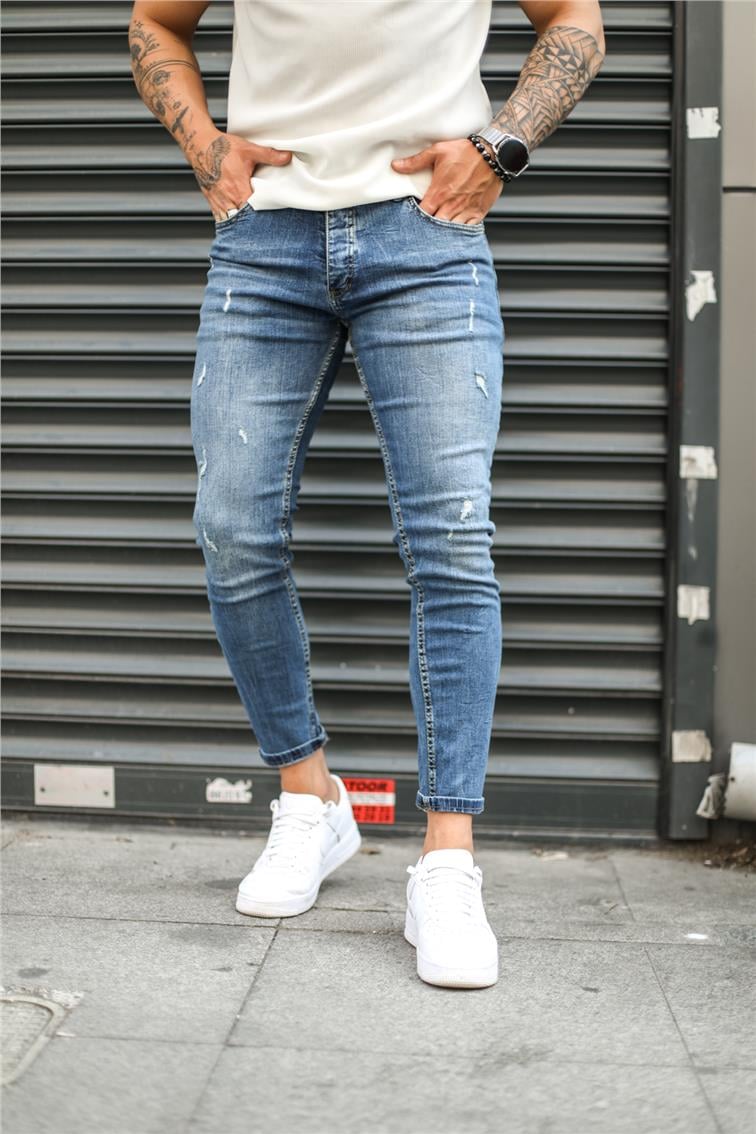 Çizik Taşlamalı Skinny Jean Yıkamalı Mavi