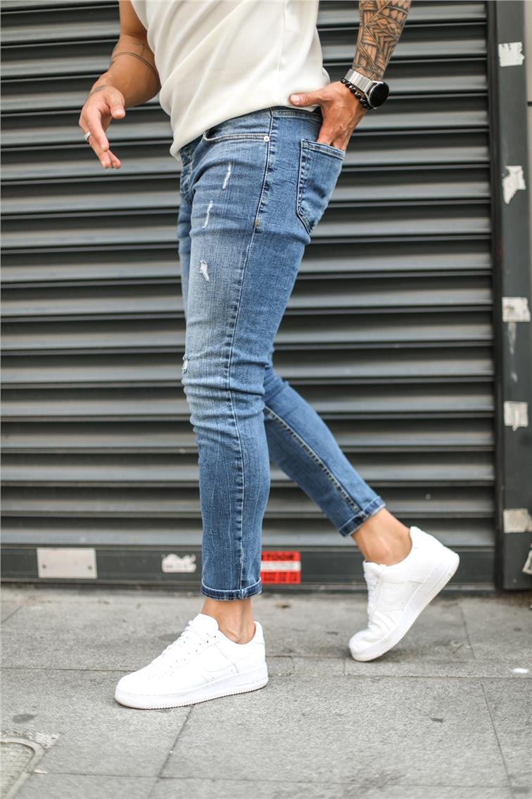 Çizik Taşlamalı Skinny Jean Yıkamalı Mavi