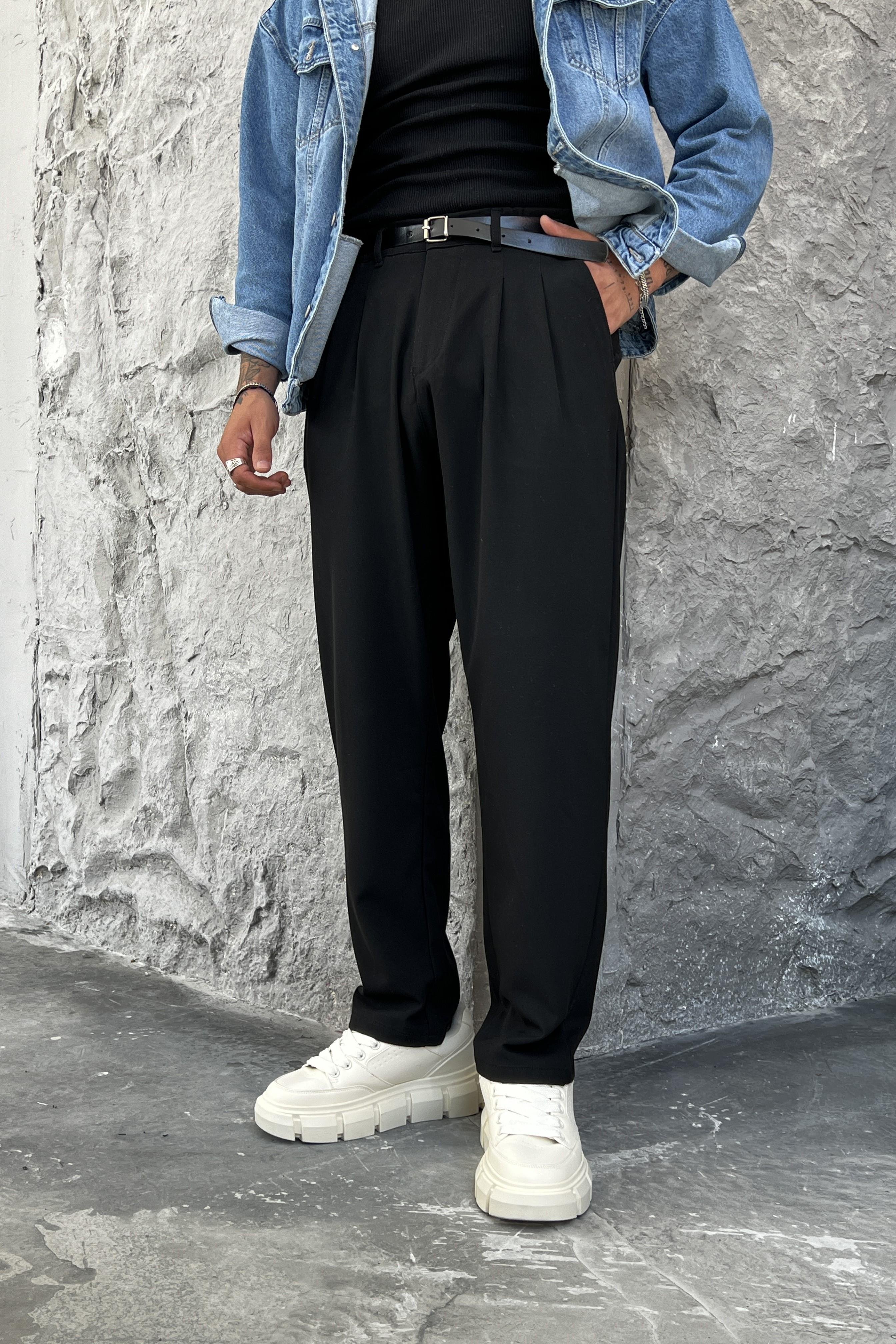 Classic Wide Pleated Baggy Pantolon Siyah
