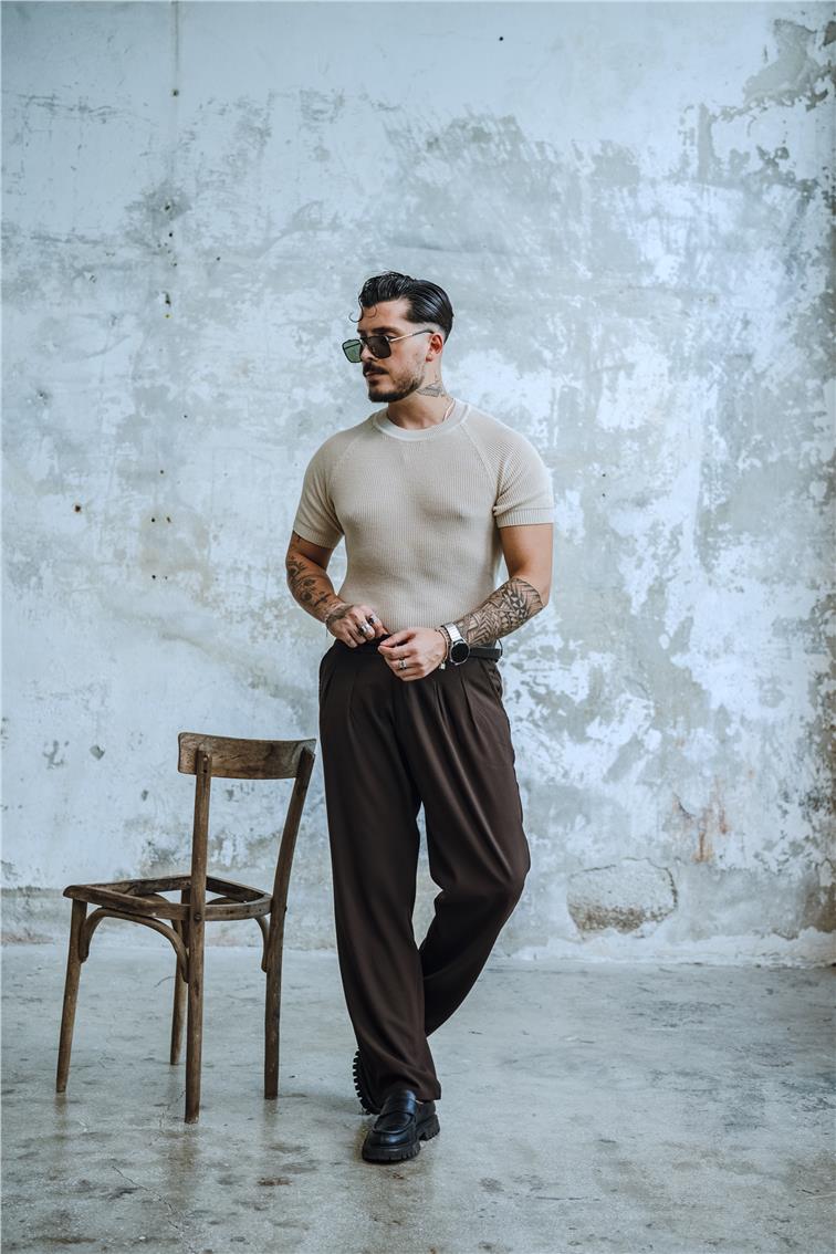 Dar Kalıp Orgülü Triko T-Shirt Bej