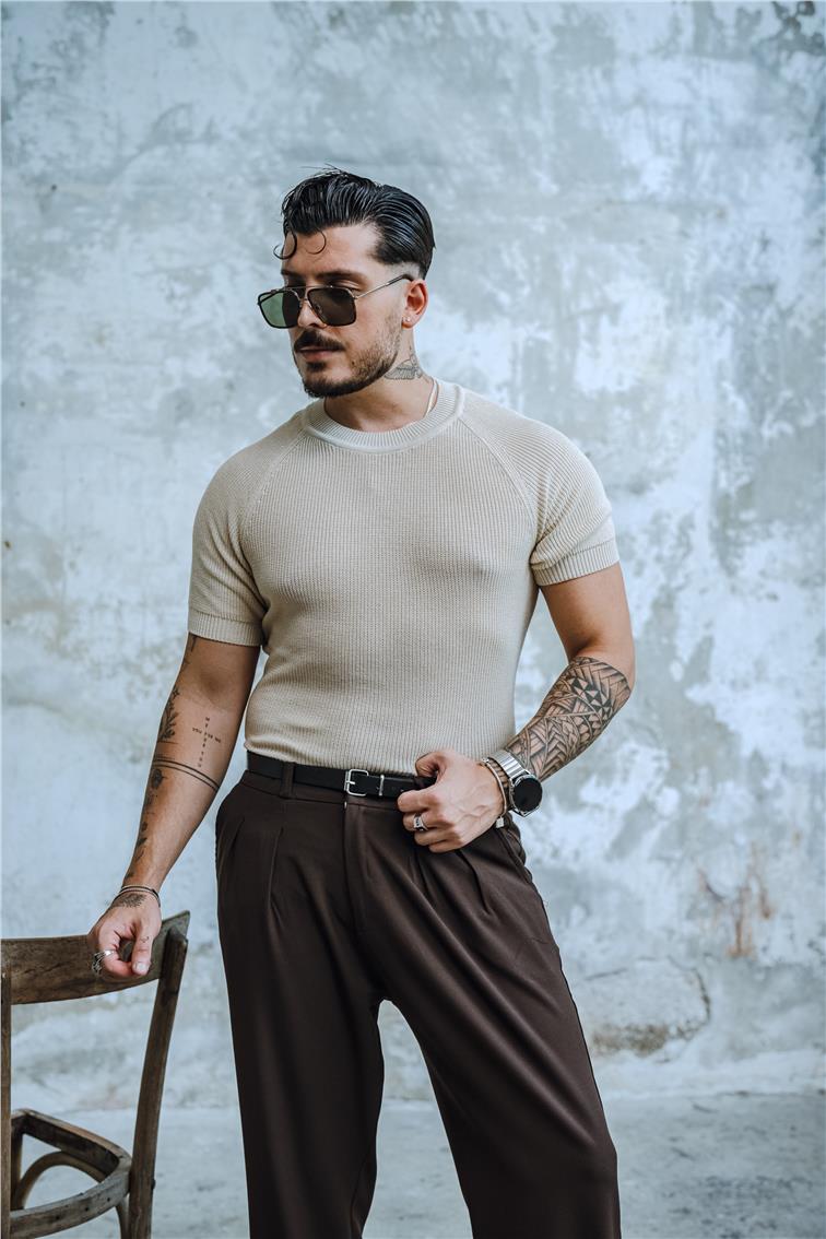 Dar Kalıp Orgülü Triko T-Shirt Bej