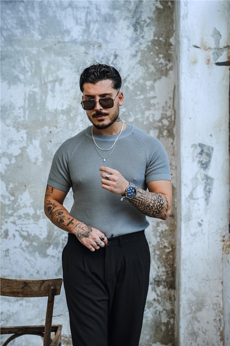 Dar Kalıp Orgülü Triko T-Shirt Gri