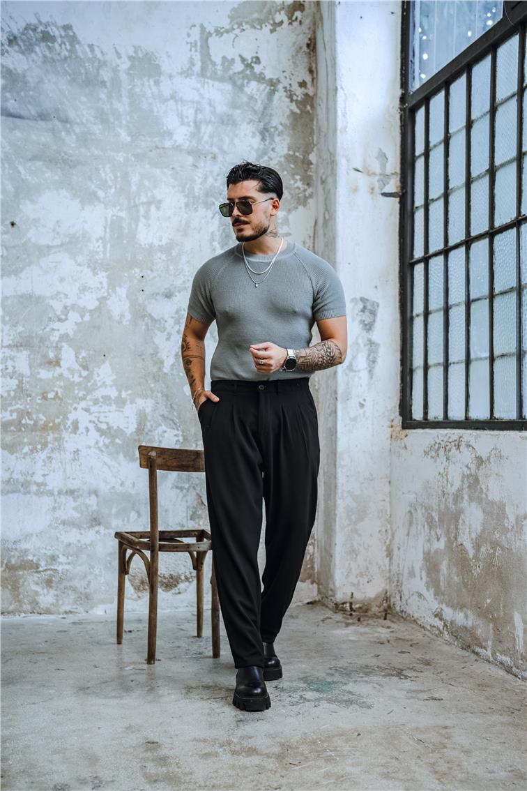 Dar Kalıp Orgülü Triko T-Shirt Gri