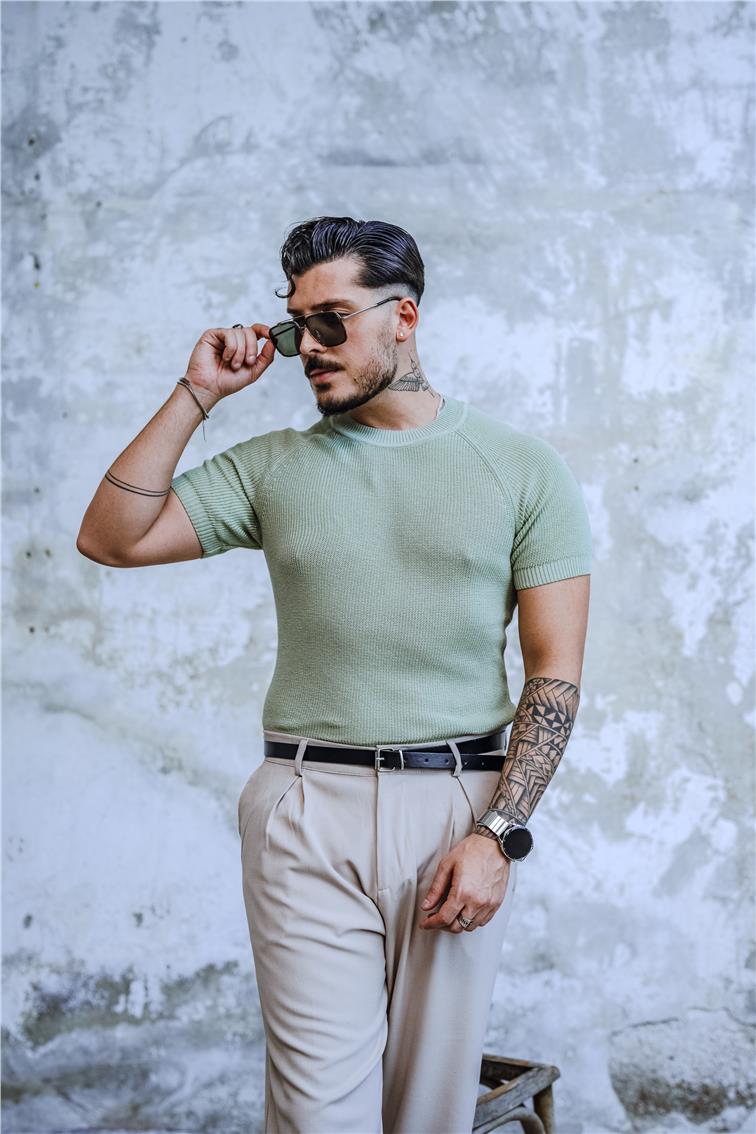 Dar Kalıp Orgülü Triko T-Shirt Mint