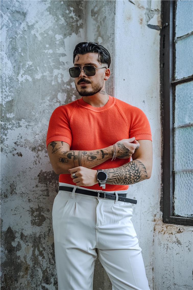 Dar Kalıp Orgülü Triko T-Shirt Turuncu