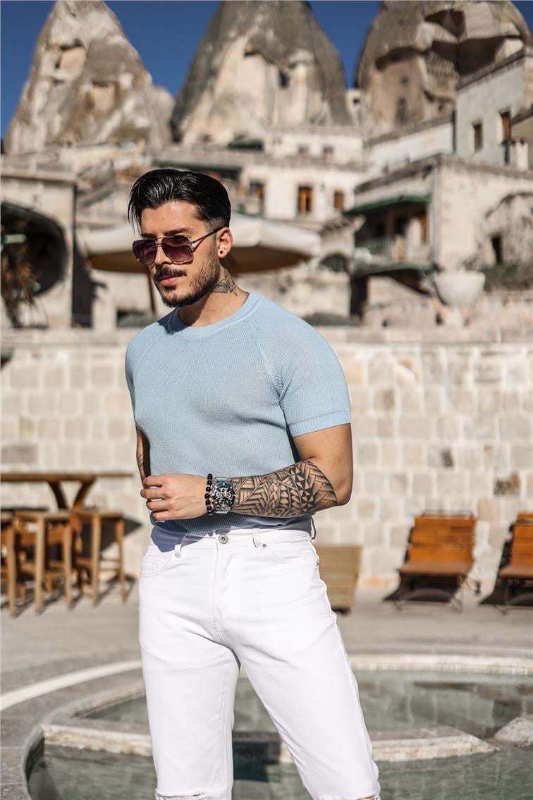 Dar Kalıp Örme Basic Triko T-Shirt Bebe Mavisi