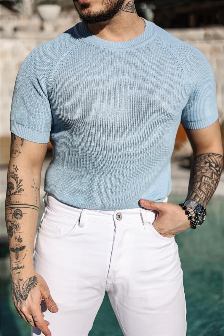 Dar Kalıp Örme Basic Triko T-Shirt Bebe Mavisi