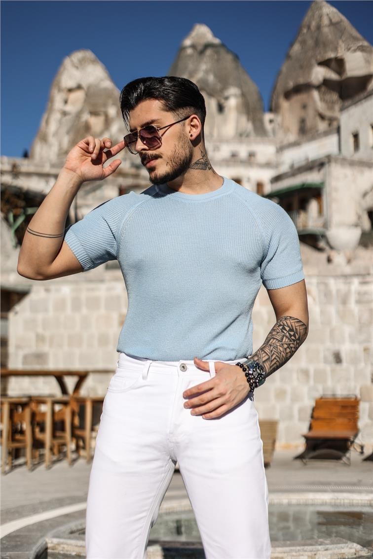 Dar Kalıp Örme Basic Triko T-Shirt Bebe Mavisi