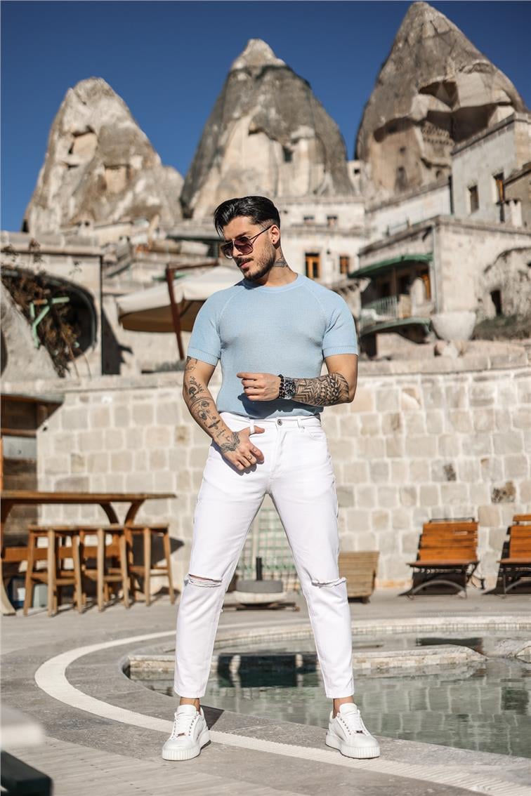 Dar Kalıp Örme Basic Triko T-Shirt Bebe Mavisi