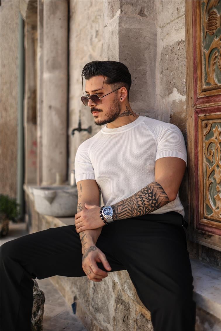 Dar Kalıp Örme Basic Triko T-Shirt Beyaz