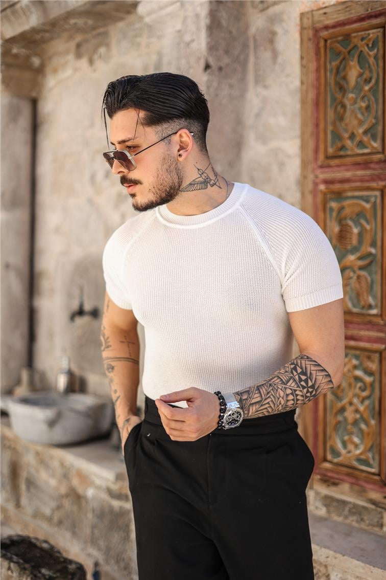 Dar Kalıp Örme Basic Triko T-Shirt Beyaz