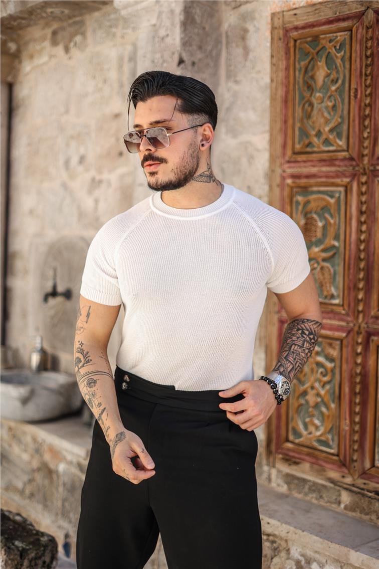 Dar Kalıp Örme Basic Triko T-Shirt Beyaz