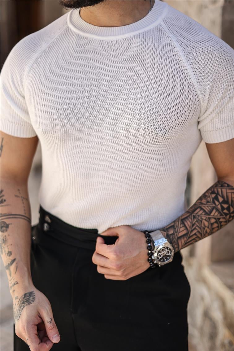 Dar Kalıp Örme Basic Triko T-Shirt Beyaz