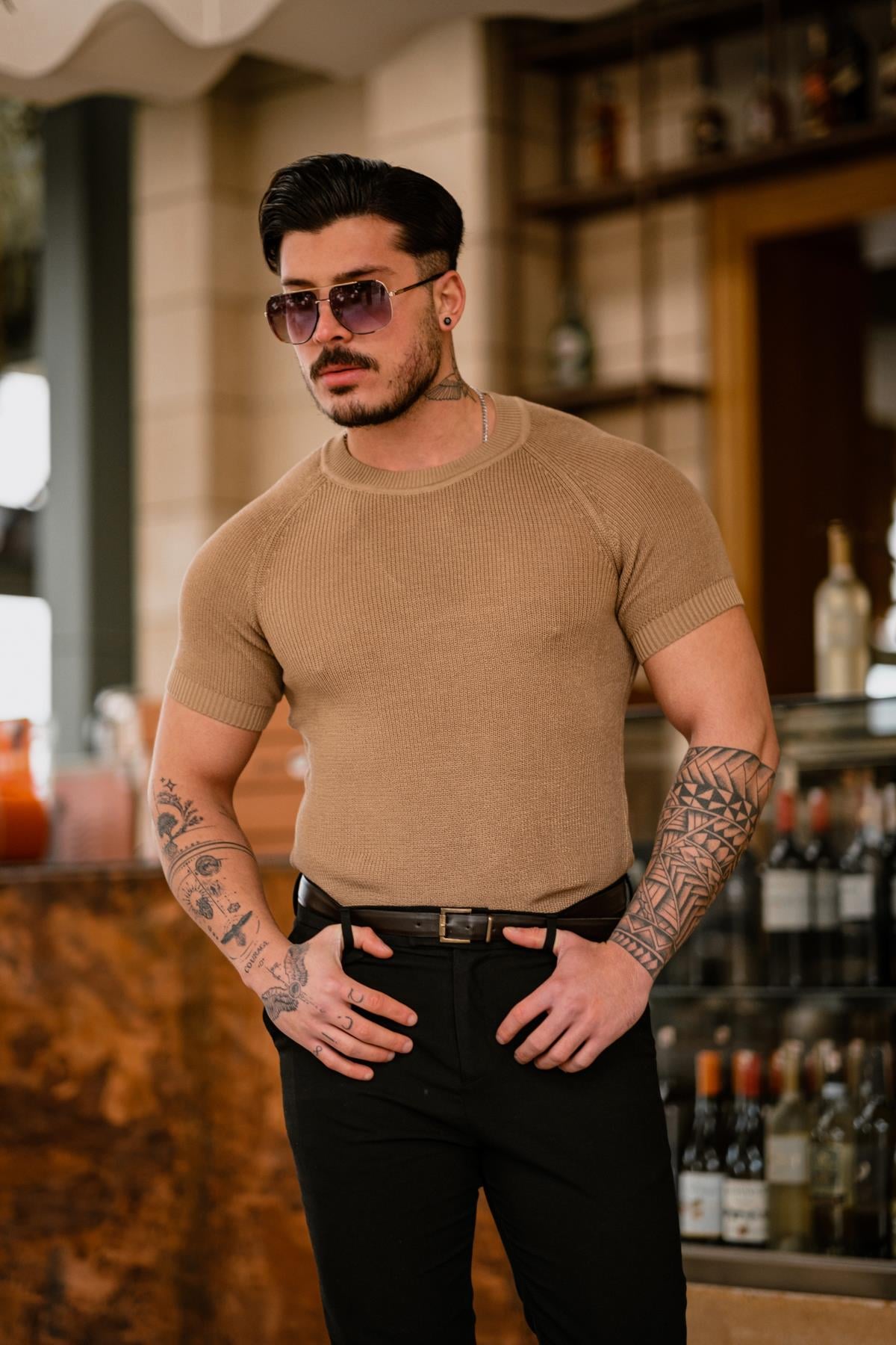 Dar Kalıp Örme Basic Triko T-Shirt Kahve