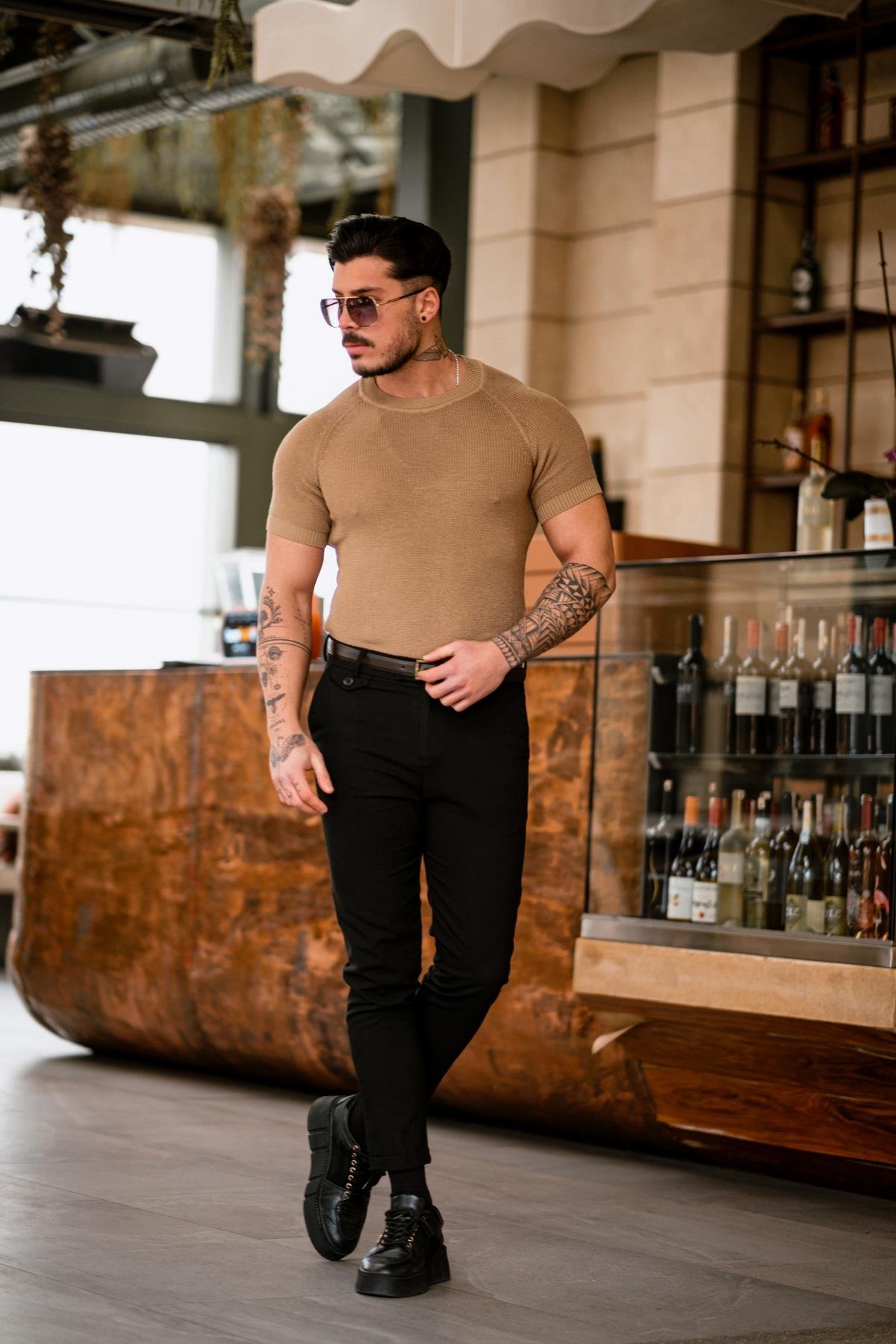 Dar Kalıp Örme Basic Triko T-Shirt Kahve