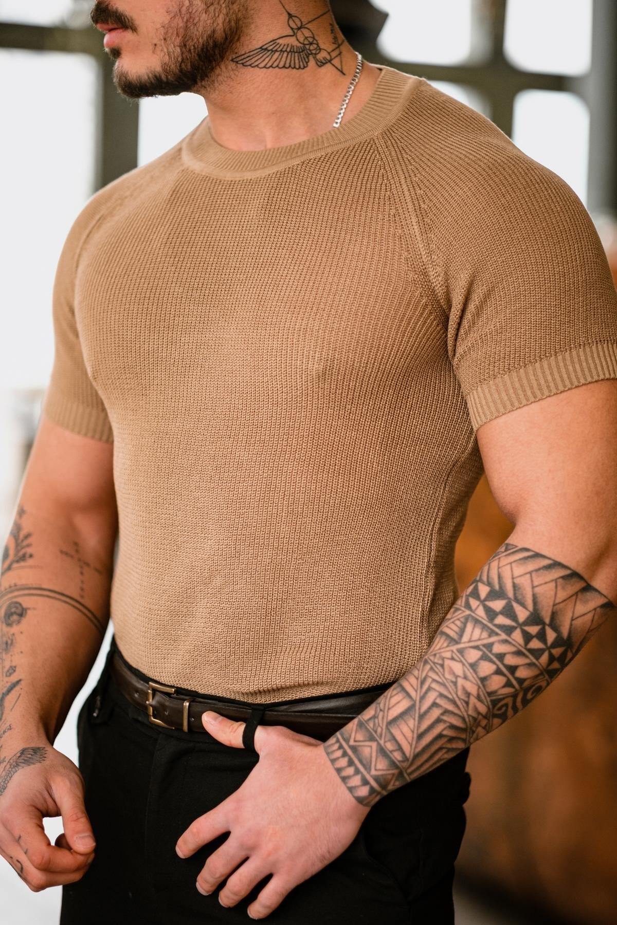 Dar Kalıp Örme Basic Triko T-Shirt Kahve