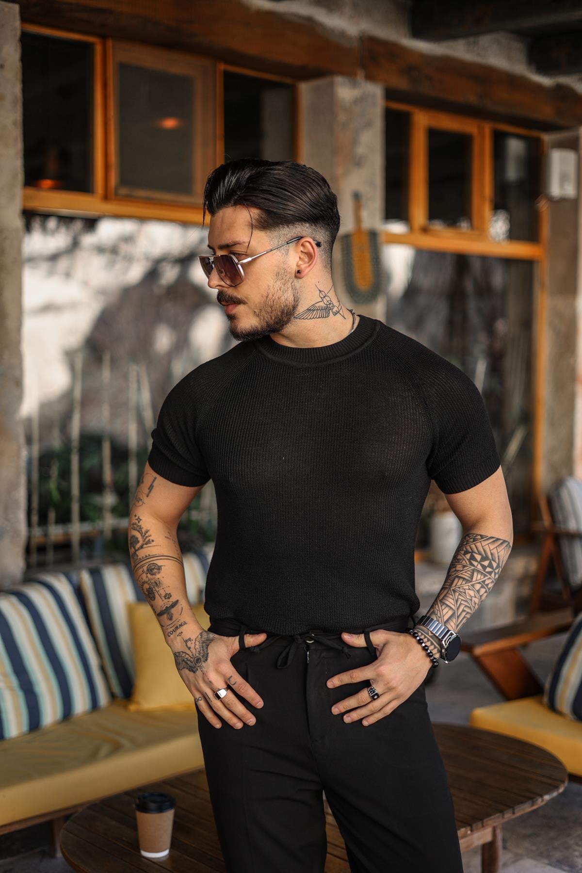 Dar Kalıp Örme Basic Triko T-Shirt Siyah