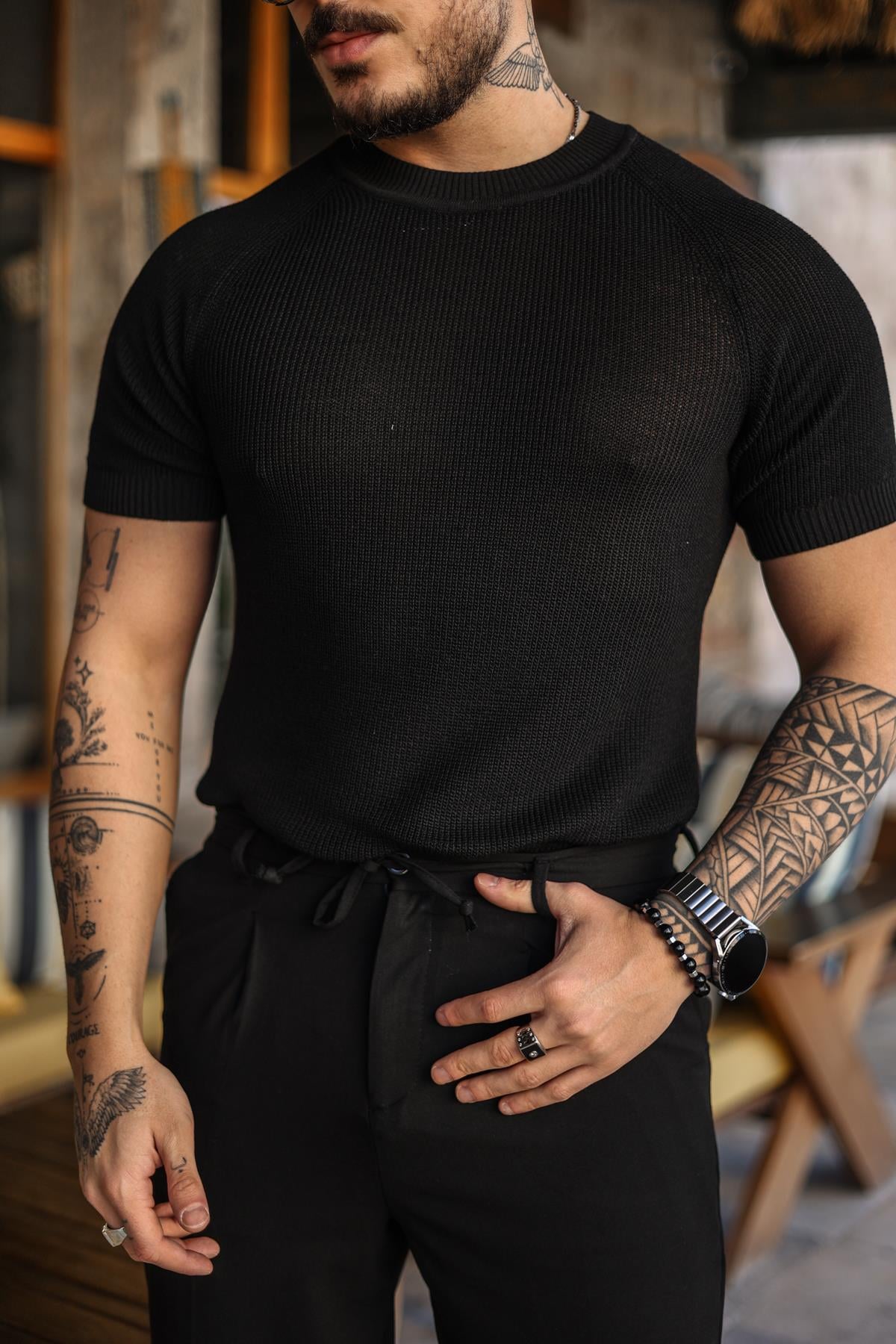 Dar Kalıp Örme Basic Triko T-Shirt Siyah