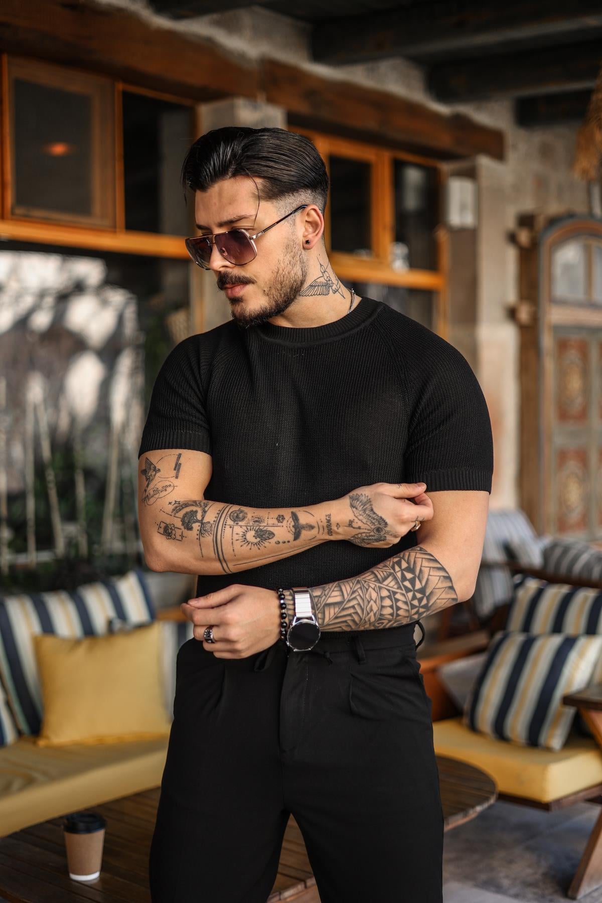 Dar Kalıp Örme Basic Triko T-Shirt Siyah