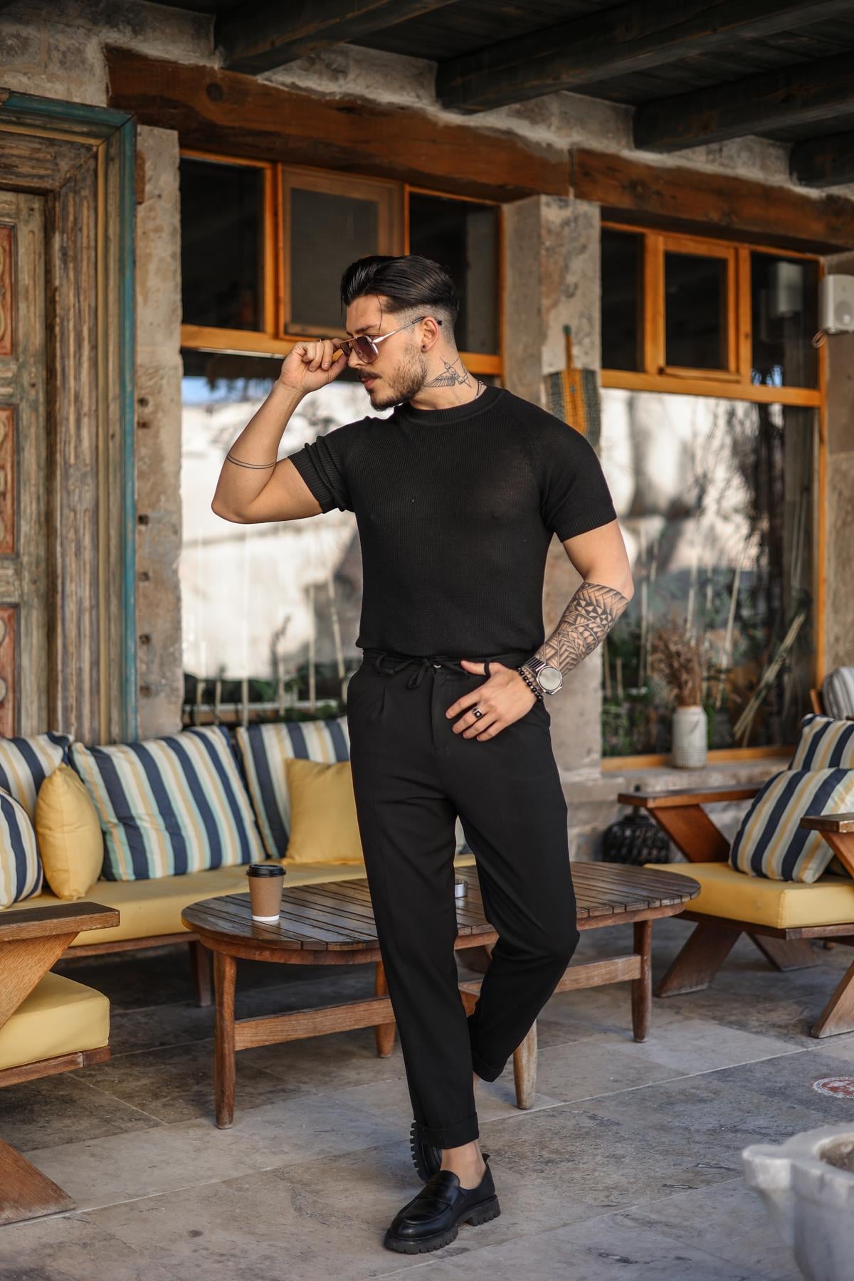 Dar Kalıp Örme Basic Triko T-Shirt Siyah