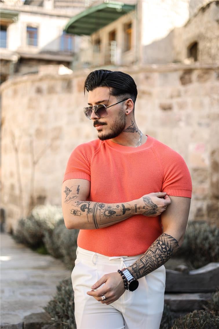 Dar Kalıp Örme Basic Triko T-Shirt Turuncu