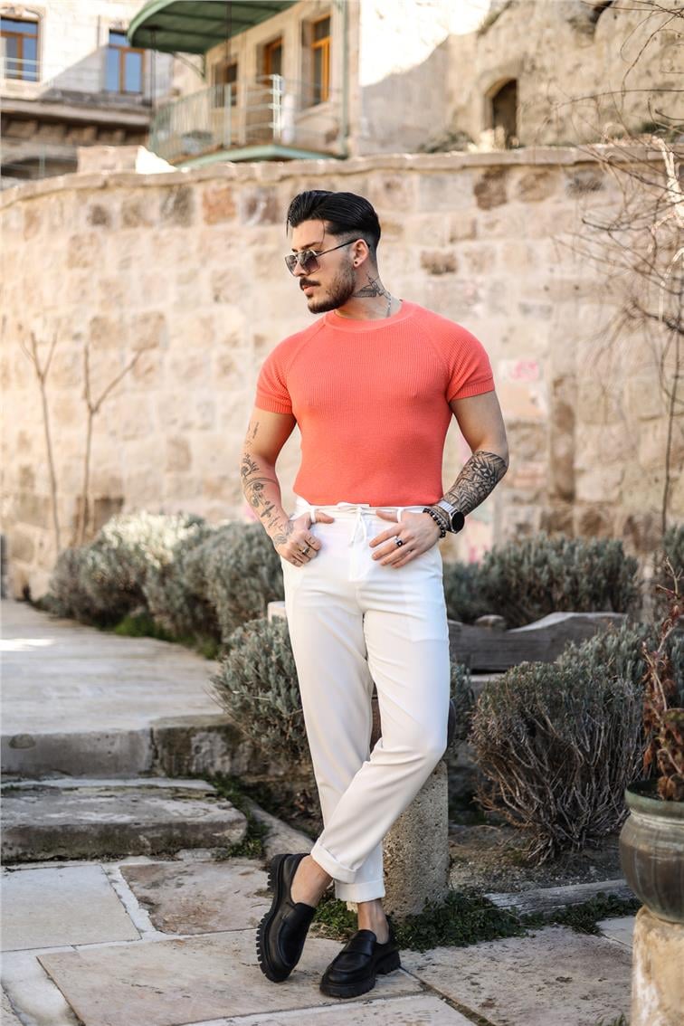 Dar Kalıp Örme Basic Triko T-Shirt Turuncu