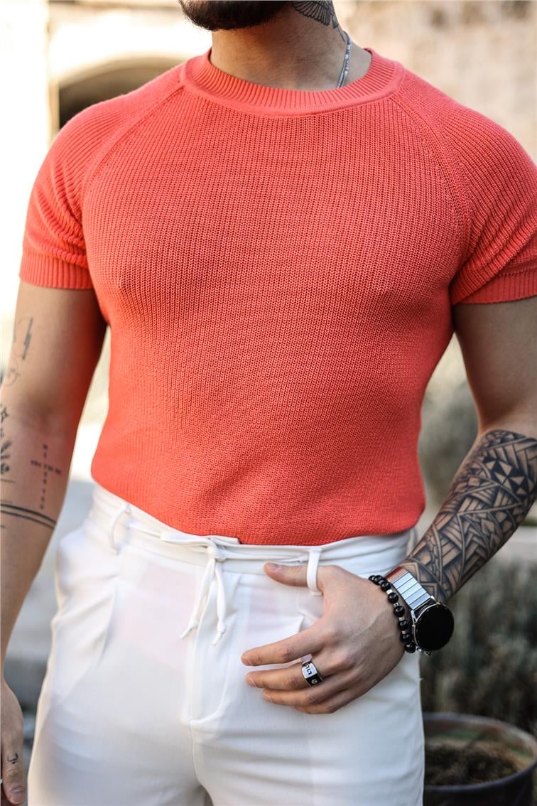 Dar Kalıp Örme Basic Triko T-Shirt Turuncu