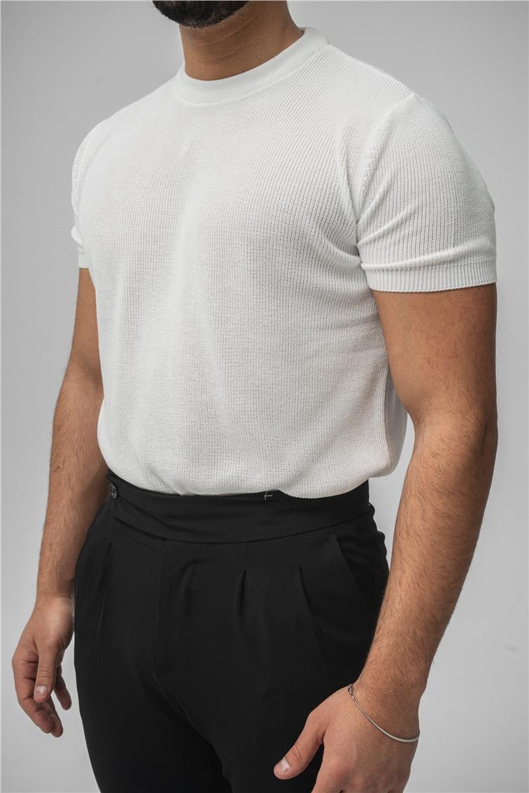 Dar Kalıp Örme T-Shirt Beyaz