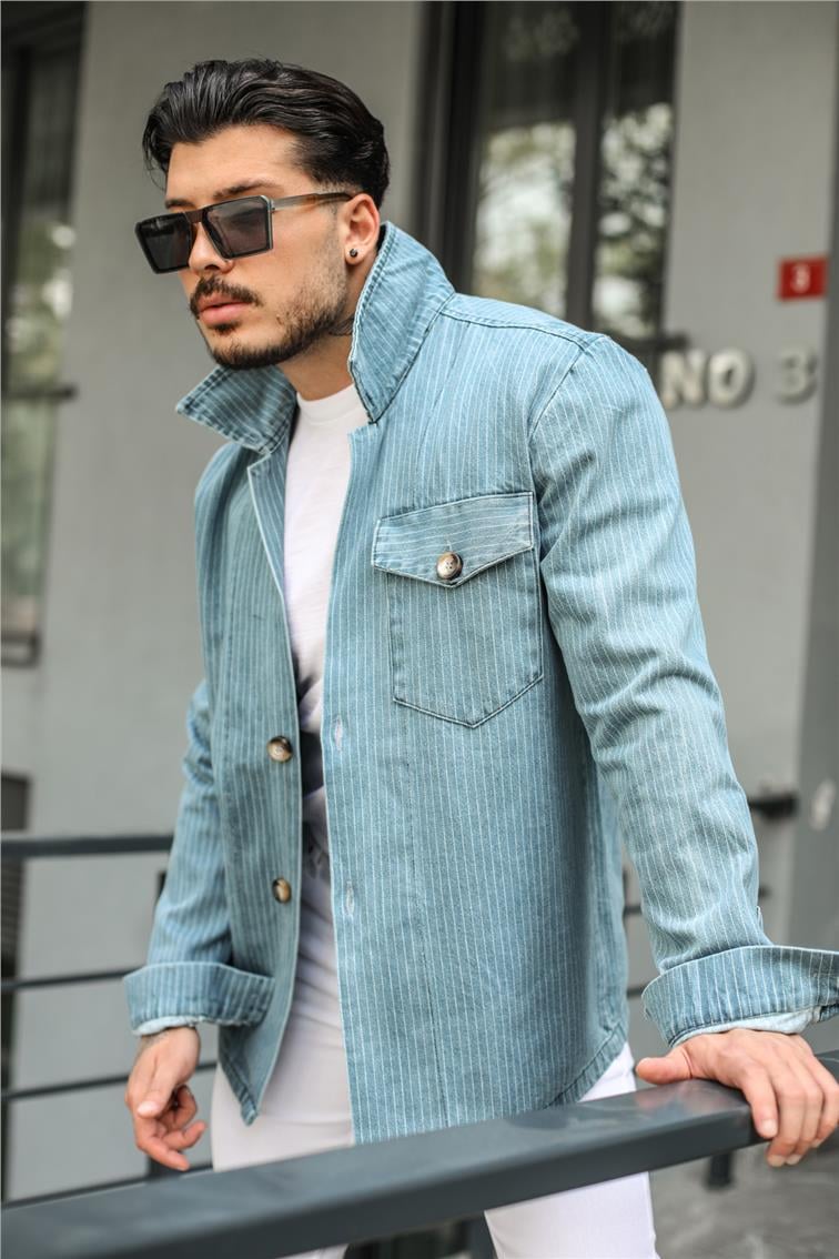 Denim Çizgili Ceket Açık Mavi