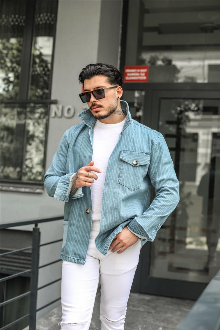 Denim Çizgili Ceket Açık Mavi