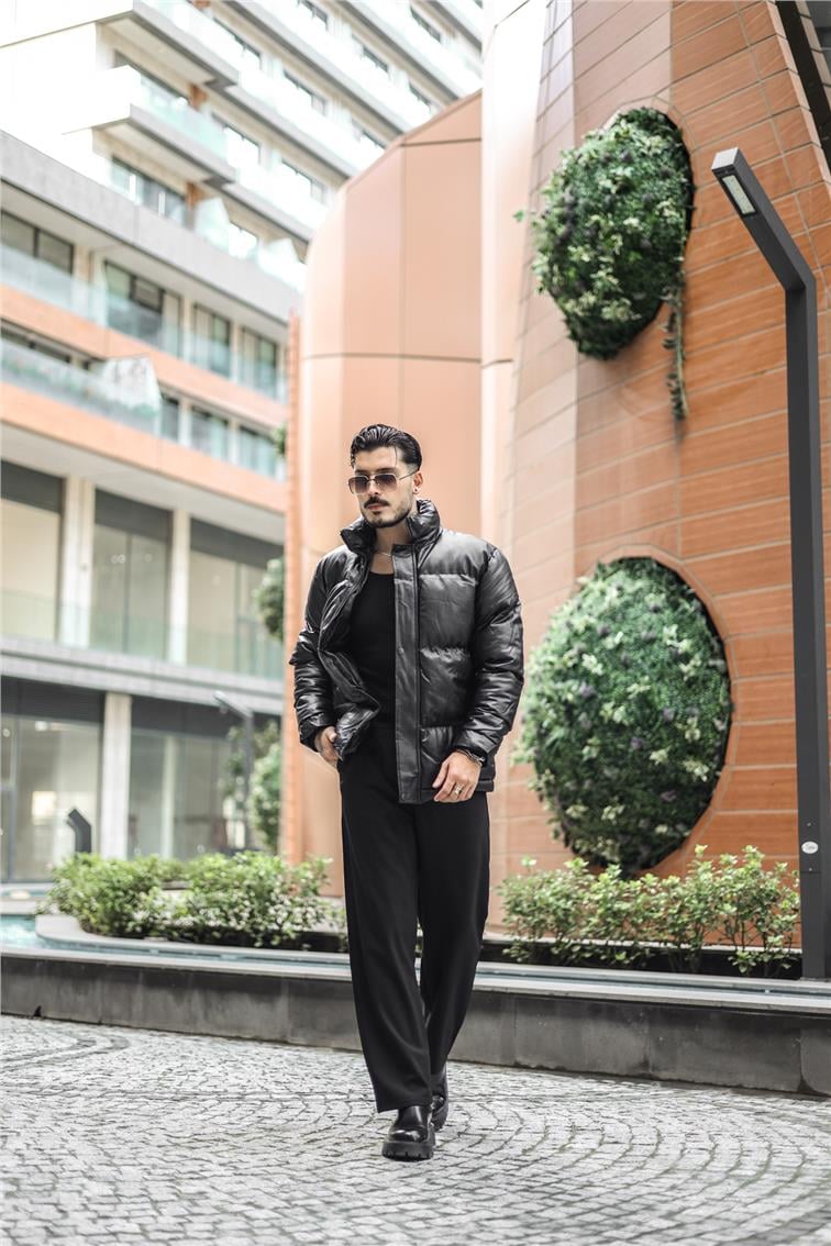 Deri Basic Şişme Mont Siyah