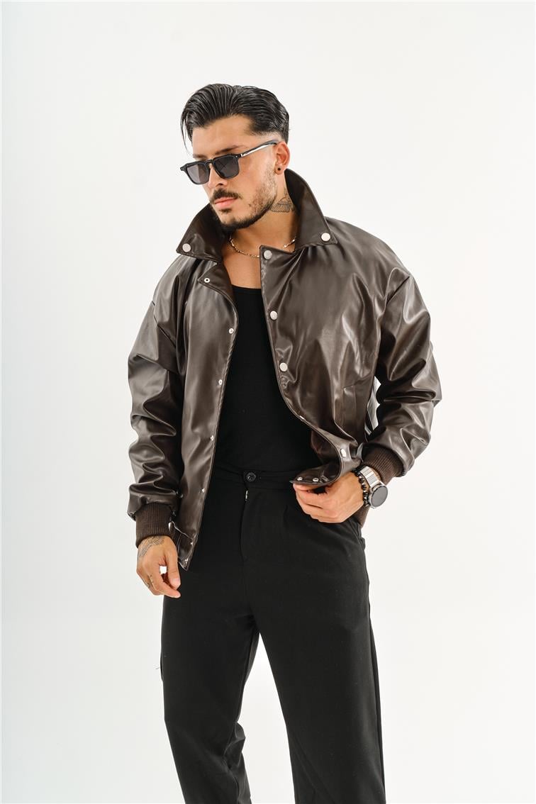 Deri Basic Yaka Oversize Ceket Acı Kahve