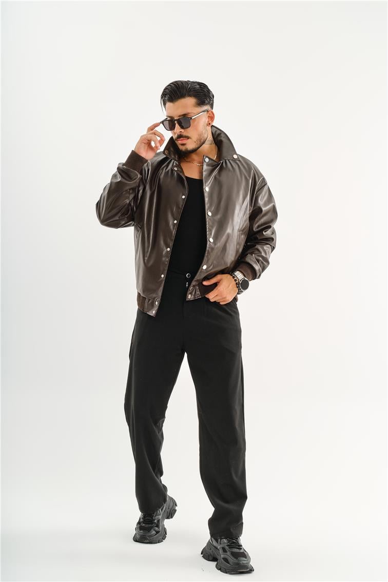 Deri Basic Yaka Oversize Ceket Acı Kahve
