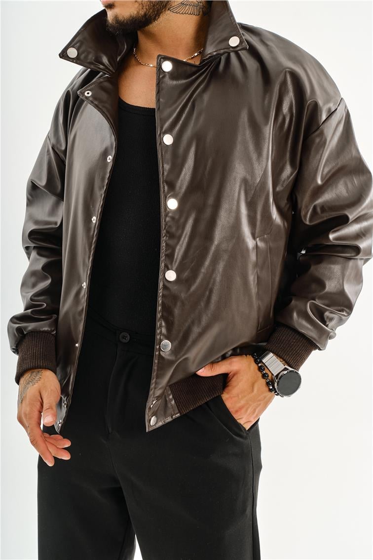 Deri Basic Yaka Oversize Ceket Acı Kahve