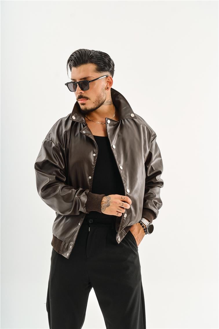 Deri Basic Yaka Oversize Ceket Acı Kahve