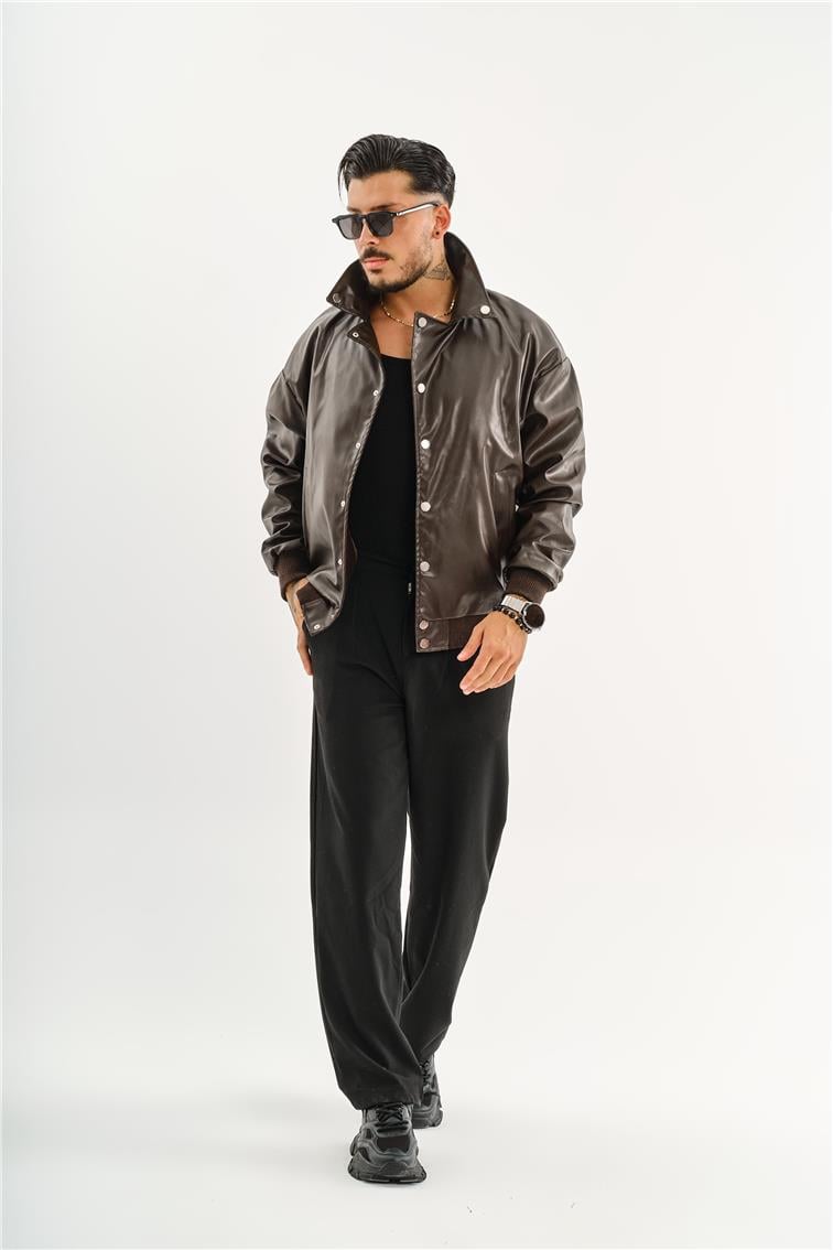 Deri Basic Yaka Oversize Ceket Acı Kahve