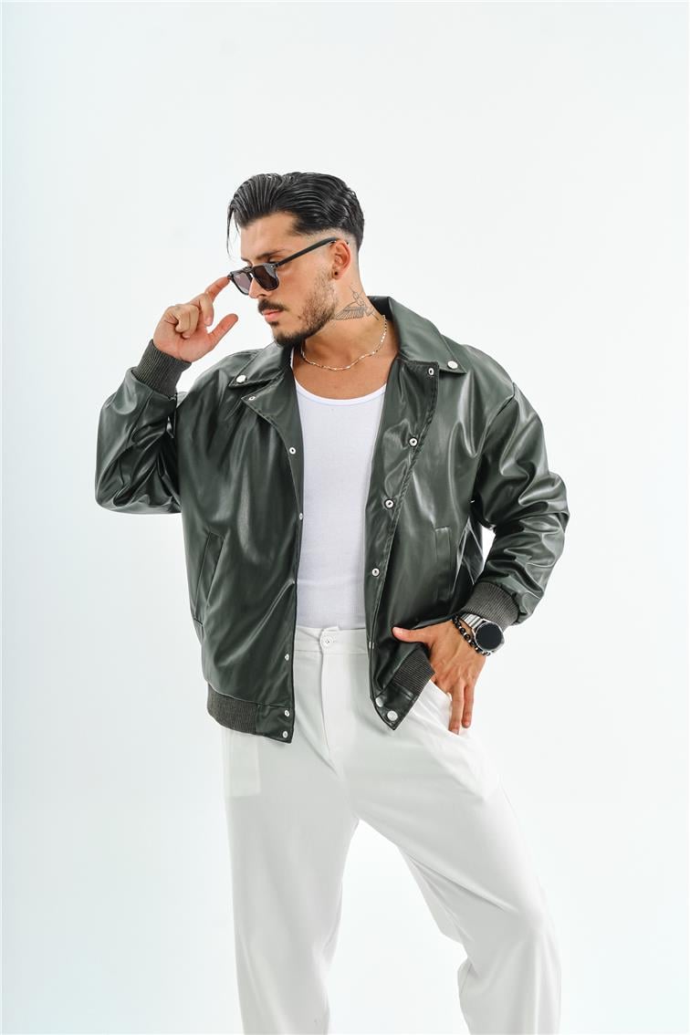 Deri Basic Yaka Oversize Ceket Haki