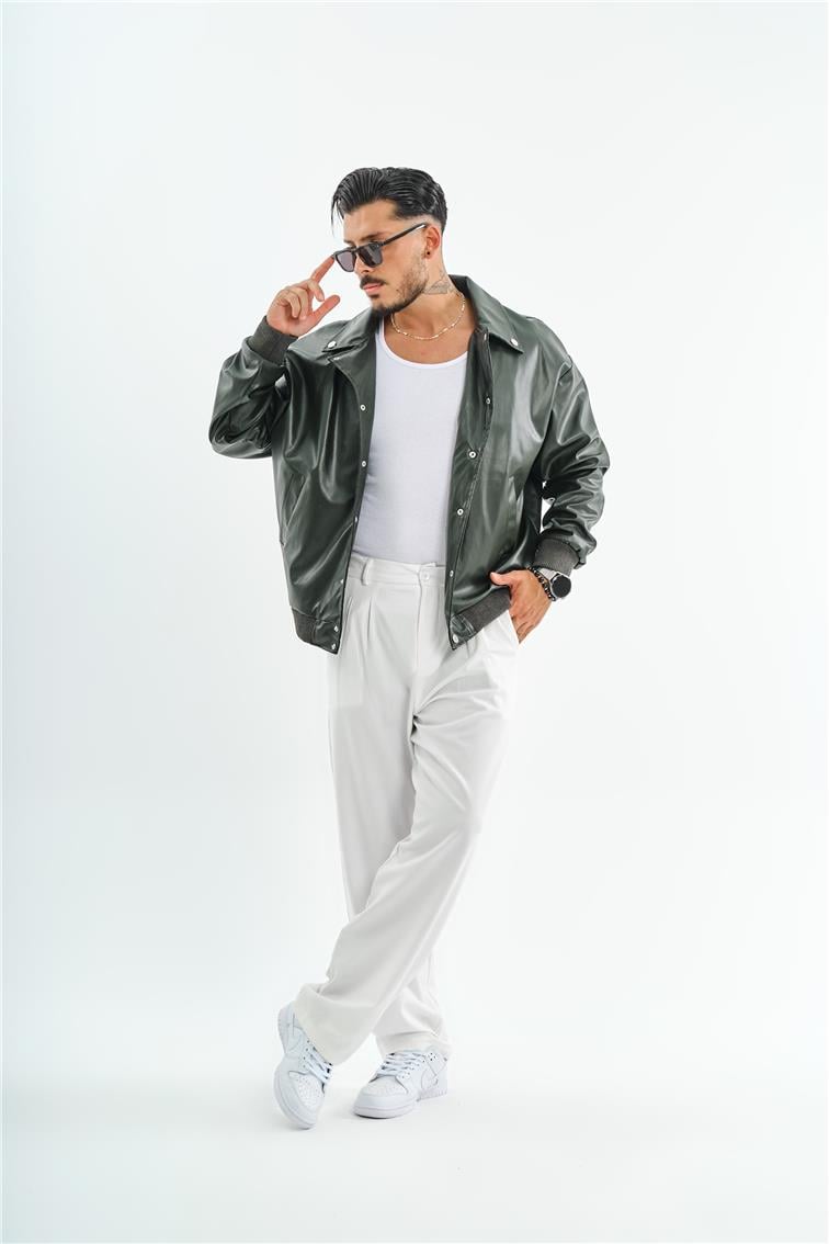 Deri Basic Yaka Oversize Ceket Haki