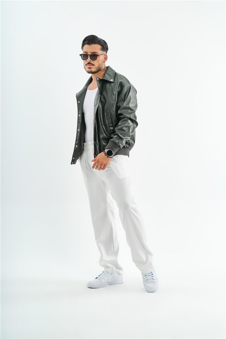 Deri Basic Yaka Oversize Ceket Haki