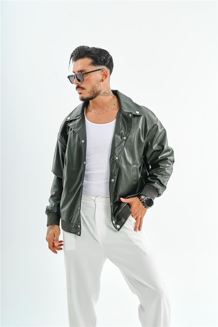 Deri Basic Yaka Oversize Ceket Haki