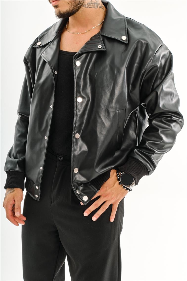 Deri Basic Yaka Oversize Ceket Siyah