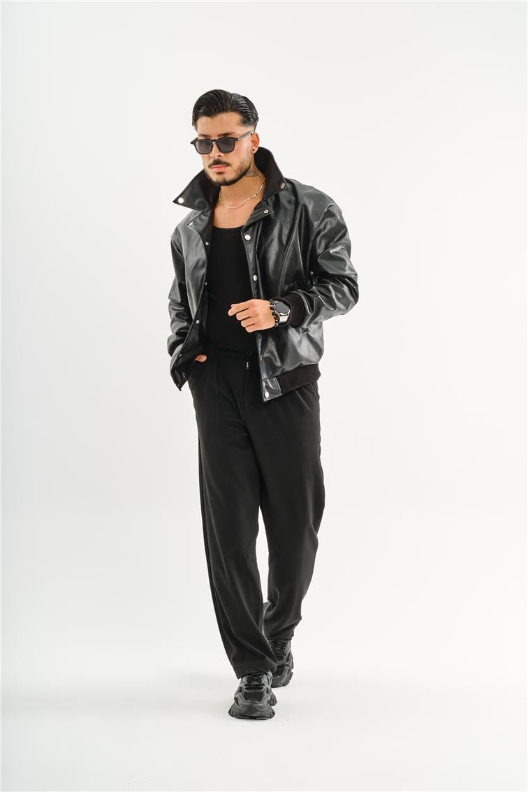 Deri Basic Yaka Oversize Ceket Siyah