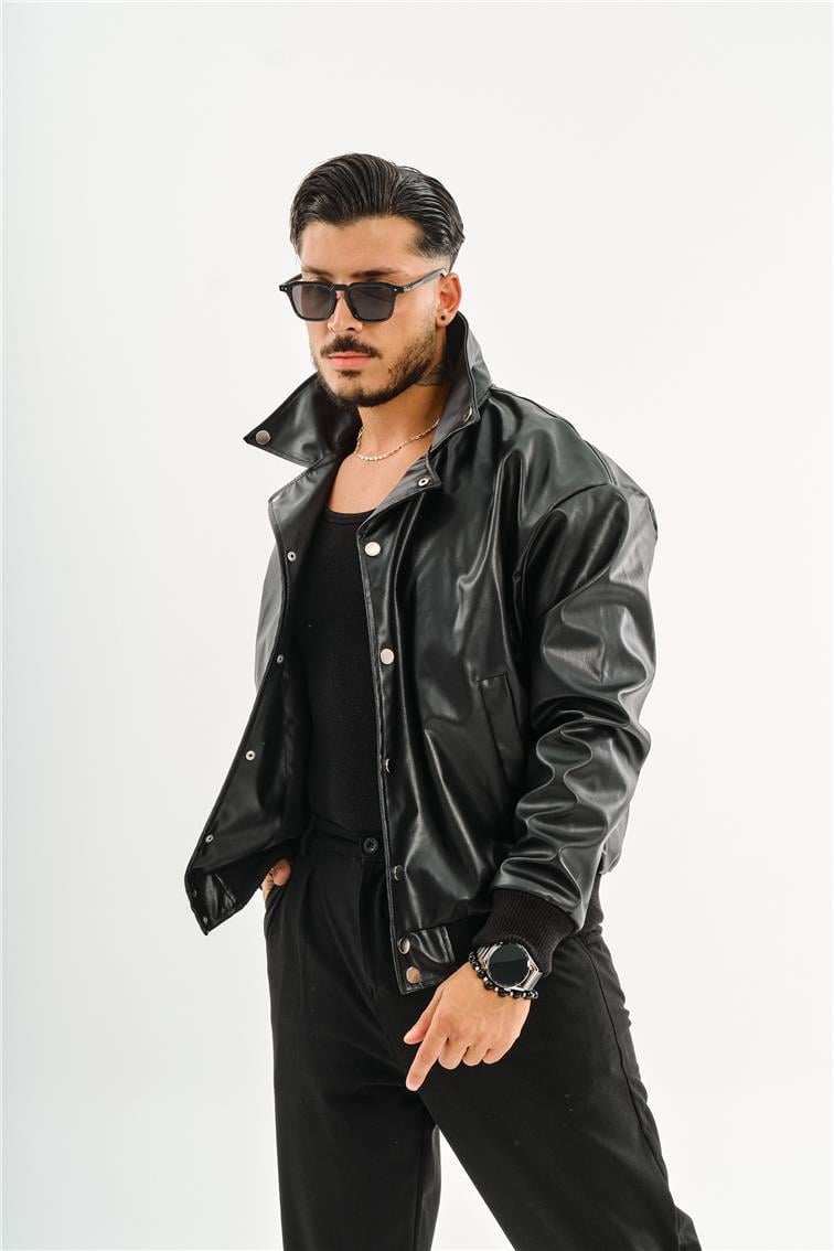 Deri Basic Yaka Oversize Ceket Siyah
