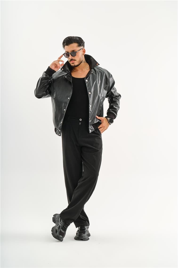 Deri Basic Yaka Oversize Ceket Siyah