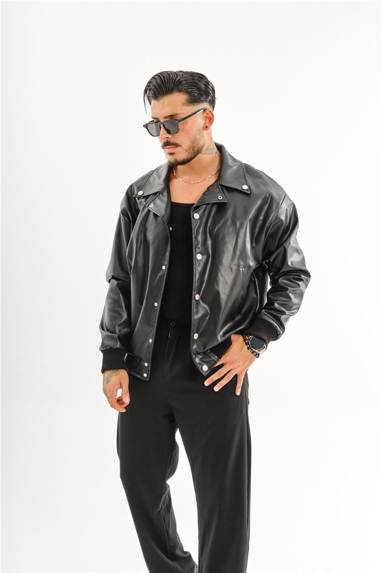Deri Basic Yaka Oversize Ceket Siyah